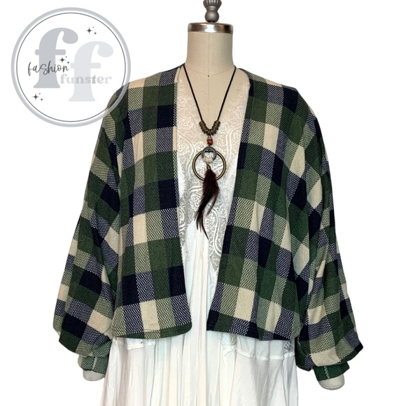 Ces Femme Olive Green Plaid Dolman Sleeve Cocoon Jacket Kimono Cardigan - Picture 2 of 6